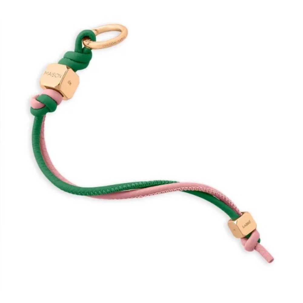 Maison de Sabre Green & Pink Leather Knot Keyring with Gold Hardware